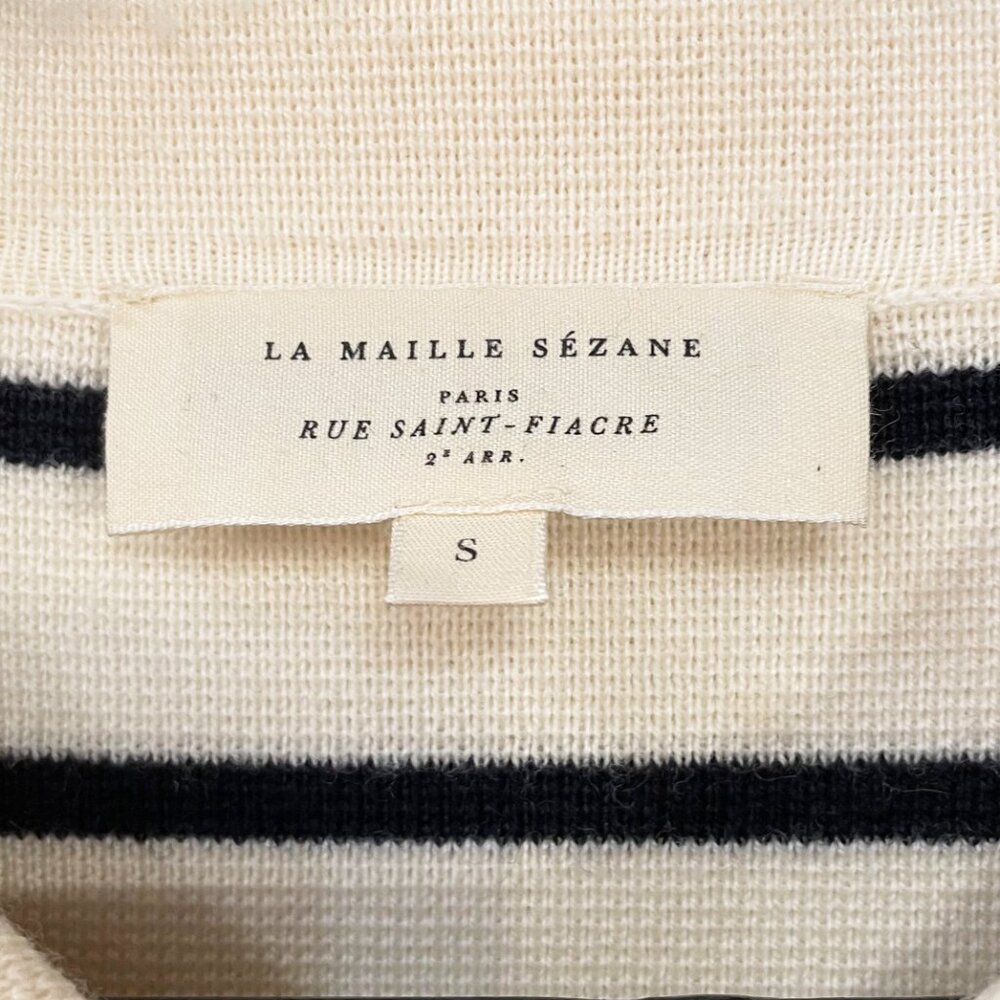 EUC Sezane Betty Merino Wool Striped Collared Cardigan Ecru Navy S - Picture 7 of 9